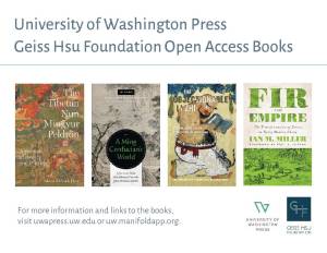 Postcard promoting the Geiss Hsu Open-Access book collection at UW Press. Features book cover images.